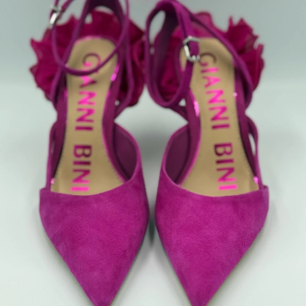 Gianni Bini Suede “Bradley” Fuchsia Ruffle Ankle Strap Heels - Picture 5 of 9